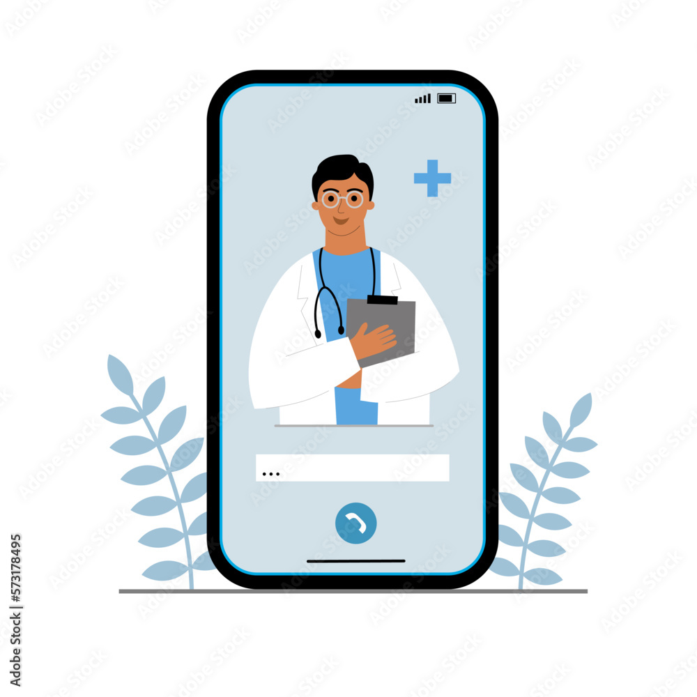Doctor online. Smartphone screen with therapist chatting in messenger and online consultation. Vector flat illustration. Ask or call your doctor. Online medical consultation, telemedicine,therapist Doctor online. Smartphone screen with therapist chatting in messenger and online consultation. Vector flat illustration. Ask or call your doctor. Online medical consultation, telemedicine,therapist