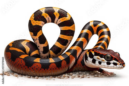 Honduran milk snake, Lampropeltis triangulum hondurensis, without its characteristic tricolor pattern, in front of a white backdrop. Generative AI photo