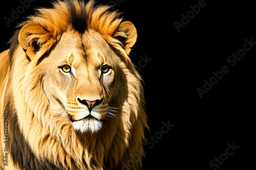 Portrait of lion on black background. Menacing stare African lion. Portrait African lion on black background. Wild cats background. copy space. Generative AI