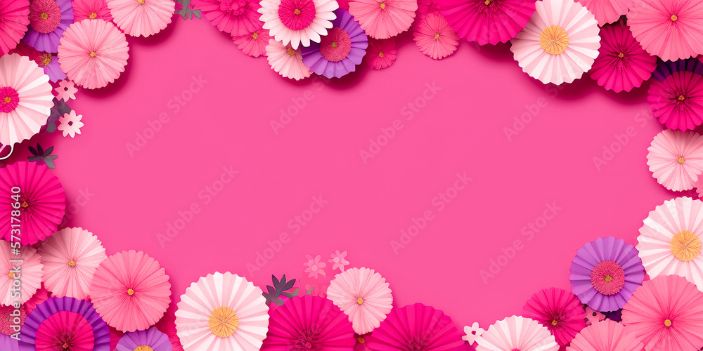 Floral trendy abstract background with paper flowers. Paper art flowers background. colorful flower paper origami. Botanic composition abstract background for greeting card. copy space. generative ai