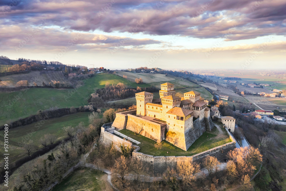 Aerial view of Torrechiara Castle. Parma, Italy.