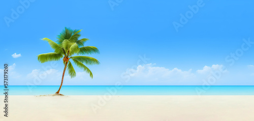 Beach holiday  summer vacation background. Green palm tree on tropical beach with bokeh sun light wave. Generative AI background. Copy space of summer vacation and business travel concept