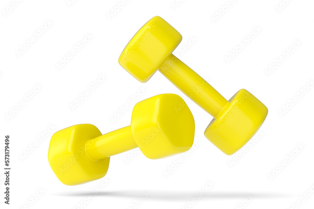 Pair of rubber yellow dumbbells isolated on white background Pair of rubber yellow dumbbells isolated on white background