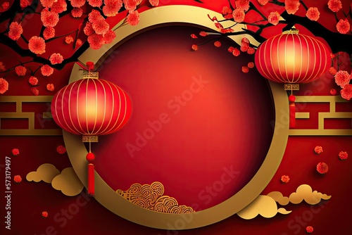 Chinese New Year Background with Copy Space, Mockup Red Backdrop. China Holiday generative ai