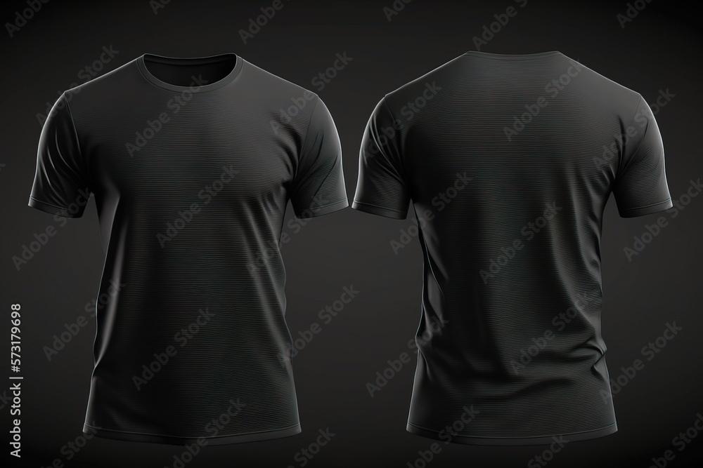 Black blank men T-shirt template with invisible model body, empty crewneck  shirt front and back view Stock Illustration