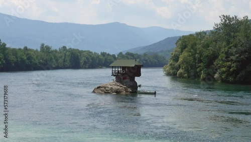 Lonely house on the Drina river in Bajina Basta, Serbia photo