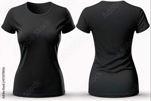 Female empty black T-shirt template invisible model body, empty crewneck shirt front and back view