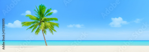Beach holiday background. Beautiful beach with white sand, turquoise ocean water and blue sky with clouds in sunny day. Panoramic view. Generative AI background for summer vacation