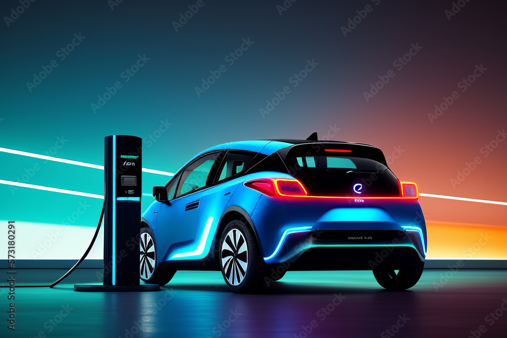 electric charging car. EV charging station for electric car in concept of green energy. EV electric car pluged charging at a recharge station. generative ai