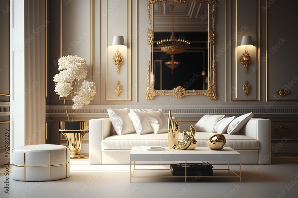 Elegant interior, gold living room with white sofa Stock Illustration Adobe Stock