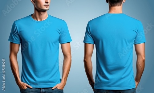 Light blue blank T-shirt template with model, empty crewneck shirt with male model