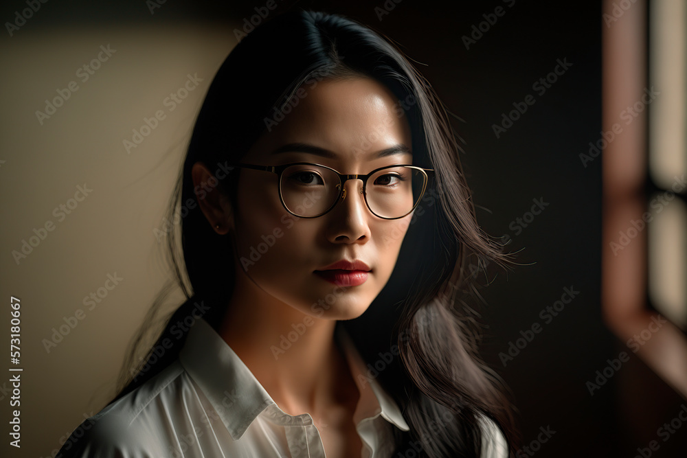 portrait of an attractive asian girl with glasses looking at the camera, image created with ia