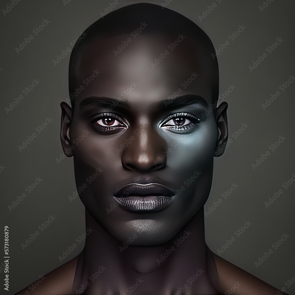 Handsome black man with make-up on gray background. Lgbt, non-existent person, male model, style, skincare, high resolution, art, generative artificial intelligence