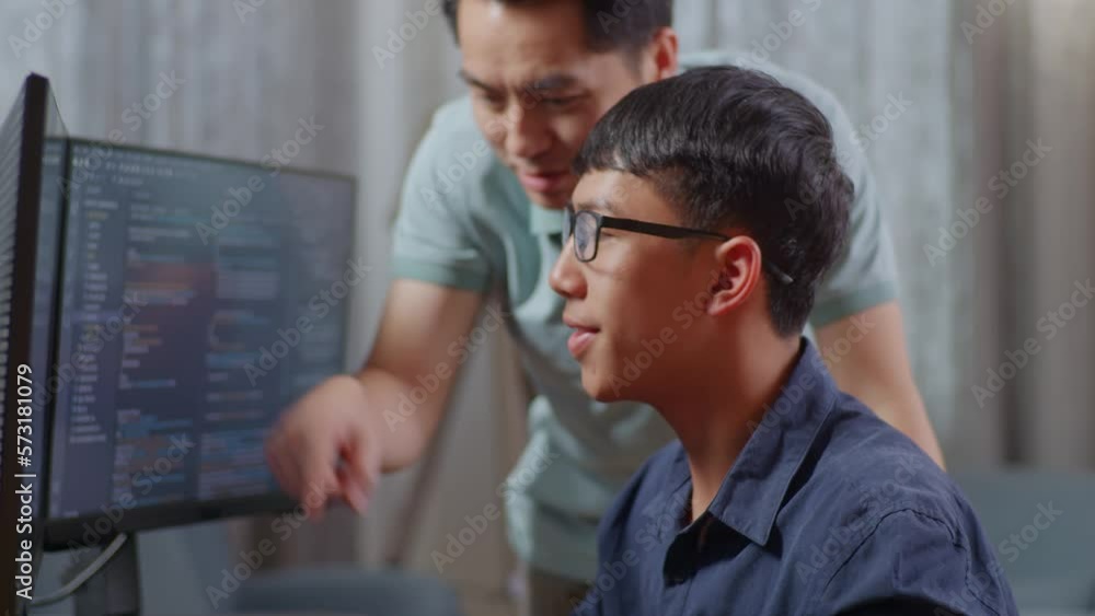 Close Up Of Happy Asian Boy And Male Celebrating Succeed Creating Software Engineer Developing App, Program, Video Game On Desktop Computer At Home. Terminal With Coding Language
Close Up Of Happy Asian Boy And Male Celebrating Succeed Creating Software Engineer Developing App, Program, Video Game On Desktop Computer At Home. Terminal With Coding Language