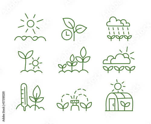 Agriculture field icons set. Growing plants. Editable stroke size. Vector line.