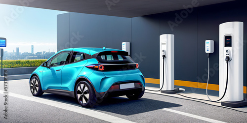 electric charging car. EV charging station for electric car in concept of green energy and eco power produced from sustainable source to supply to charger station. reduce CO2 emission. generative ai