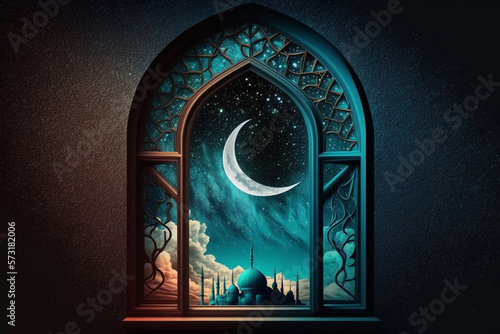 illustration of a mosque window with the moon in the background. Use negative space Generative AI