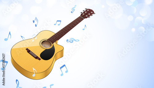 Classical guitar with music notes flying on a blue bokeh sky background. Instrumental vector banner.