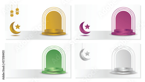 Islamic podium template with lantern, moon and star ornament, design for product display, presentation, stage for Islamic Hari Raya. simple elegant color design illustration.