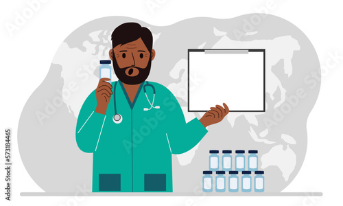 Pandemic, vaccination and health concept. Doctor with a bottle of vaccine.