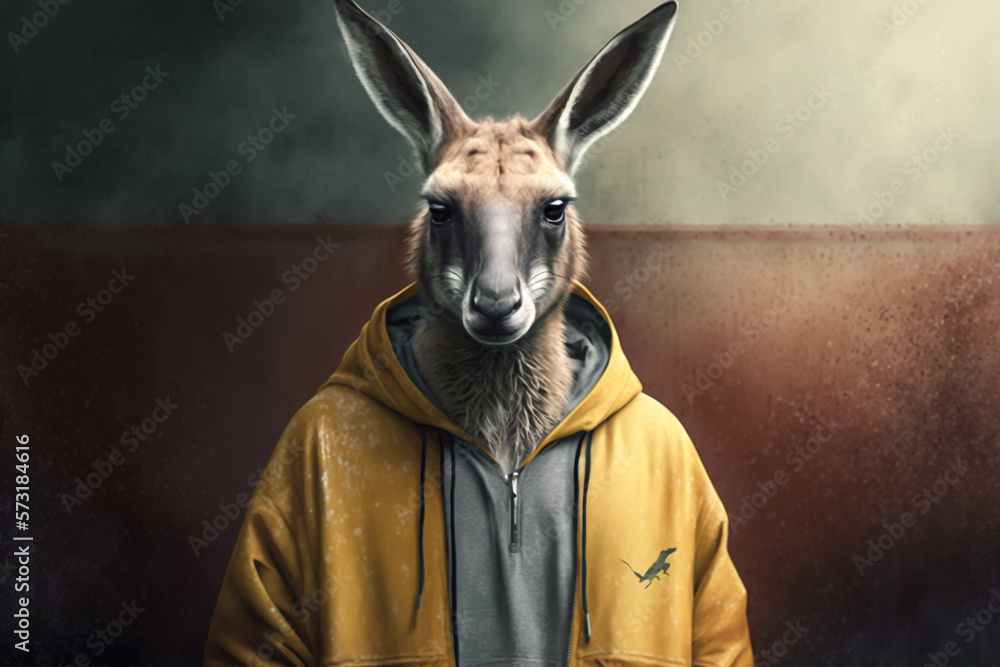 Portrait of Kangaroo wearing street Hip-hop fashion streetwear. Animal ...