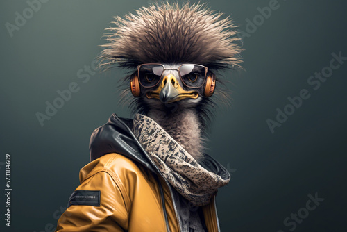 Portrait of Emu wearing street Hip-hop fashion streetwear. Animal wears Hip hop style fashion and concept. Rapper or DJ musician-like animal concept. Made with Generative AI