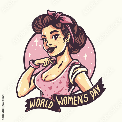 World Women s Day Vintage Pin up Girl Hand Drawn Illustration