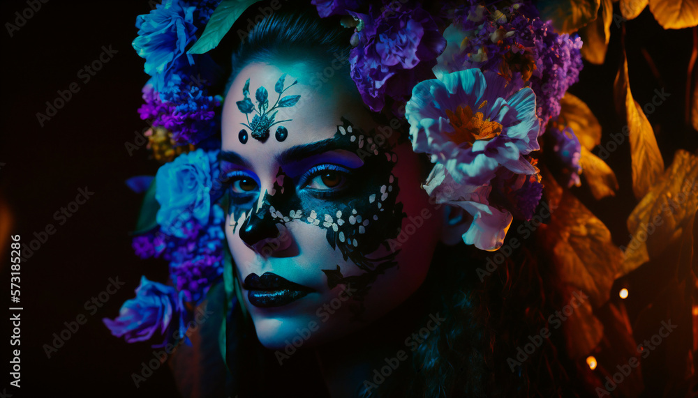 Beautiful girl wearing flowers make-up on dark forest background. Generative AI