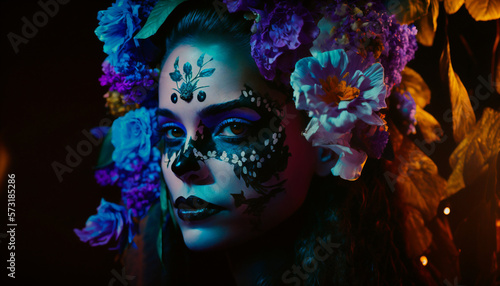 Beautiful girl wearing flowers make-up on dark forest background. Generative AI © Катерина Нагірна