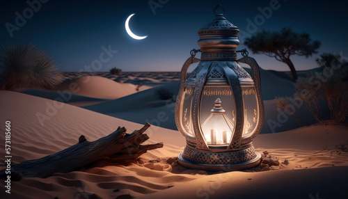 Arabic lantern in Desert at night  crescent moon on dark starry sky. Ramadan eid  Islam. Generative AI