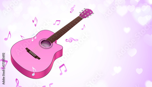 Pink guitar with music notes flying on a romantic background with bokeh hearts, vector illustration.