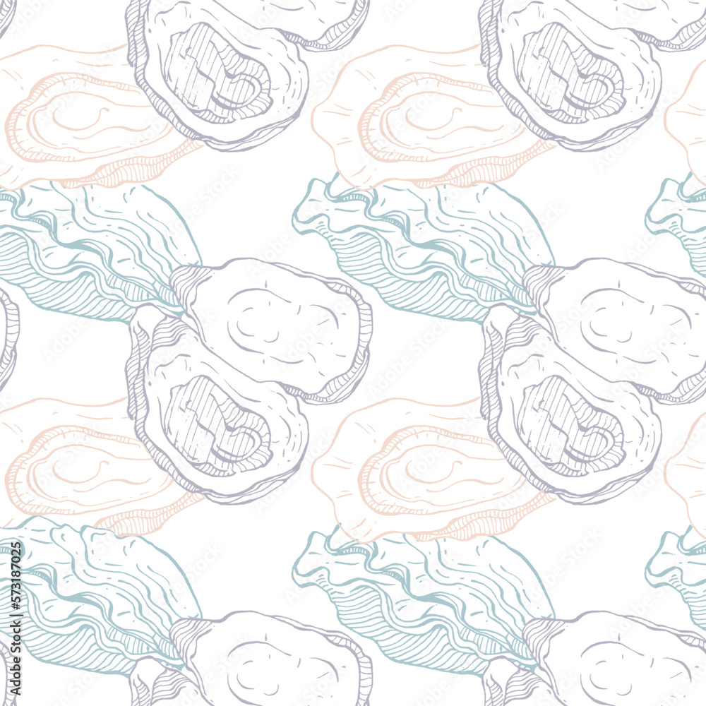 Oysters seamless pattern. Hand drawn sketch vector seafood illustration. Engraved retro style mollusks. Modern food background Oysters seamless pattern. Hand drawn sketch vector seafood illustration. Engraved retro style mollusks. Modern food background