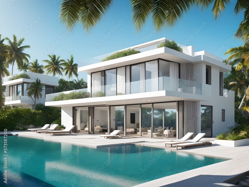 Fototapeta premium White beach house on the coast, Generative AI