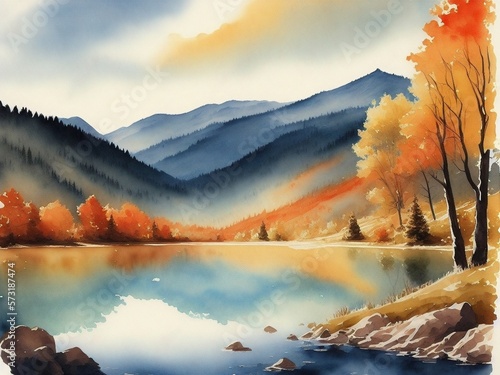 Autumn landscape with mountain and lake views, digital watercolor painting, Generative AI