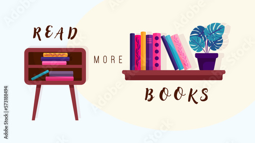 Bookshelves with books and potted flowers. Home library, web page, bookstore banner. Online book store