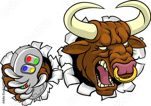 A bull or Minotaur monster longhorn cow angry mean video game gamer mascot cartoon character.