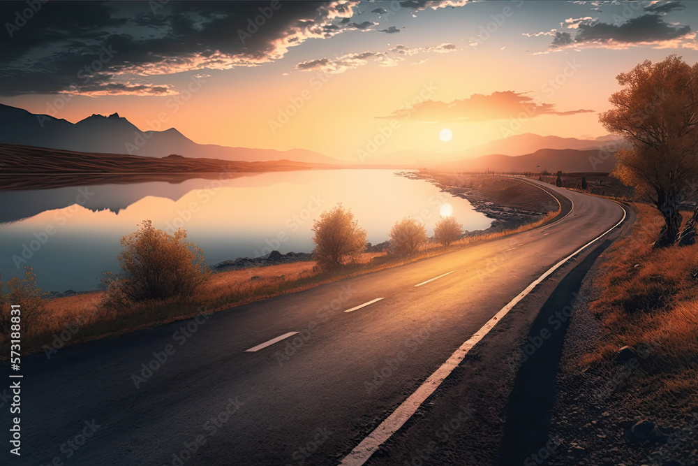  Lake and road at sunset