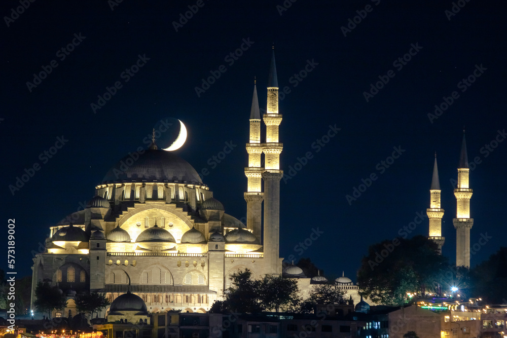 Ramadan or islamic photo. Suleymaniye Mosque and crescent moon