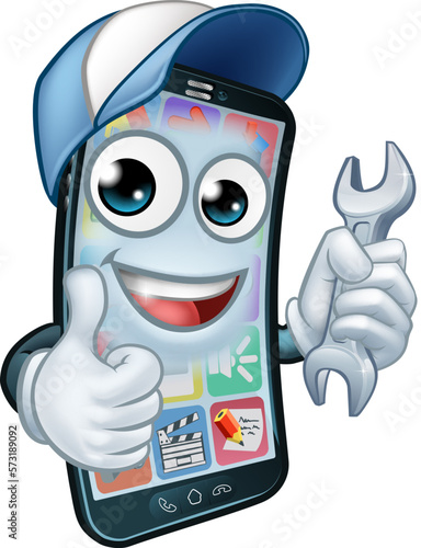 A mobile phone repair service or perhaps plumber or mechanic app cartoon character mascot holding spanner and giving a thumbs up.
