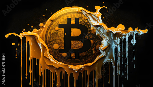 Bitcoin yellow dye splash. Generative AI photo