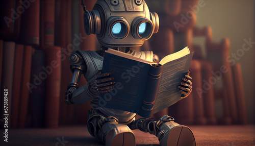 Cute robot reading a book, sitting on ground indoor. Blurred books background. Generative AI
