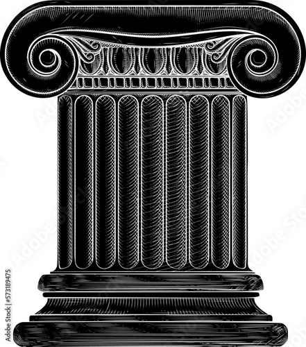 A column or pillar from a Roman or Greek ionic temple in a retro vintage woodcut