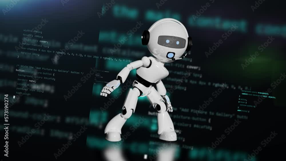 chatbot dancing animation. A.i. Robot in movement with programming code in background and camera shake chatbot dancing animation. A.i. Robot in movement with programming code in background and camera shake