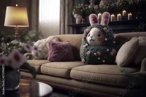 A cute plush rabbit with a fabric cover of flowers on the sofa in a cozy decorated living room filled with flowers, Easter day, generative ai