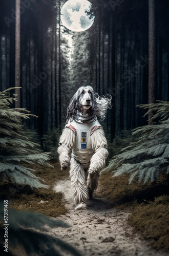 Generative AI illustration of Afghan greyhound dog dressed as an astronaut