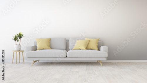 Interior mockup with white sofa, beige pillows and and plant in the pot on empty living room wall background. 3D rendering