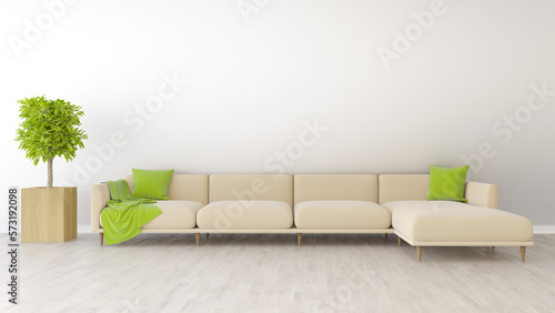 Interior mockup with beige sofa, green pillows and and plant in the pot on empty living room wall background. 3D rendering