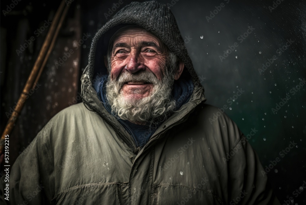 Obraz premium Artistic portrait of a humble smiling bearded fisherman from Iceland. Person created by AI generative.