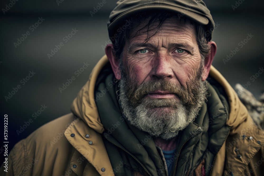 Artistic portrait of a humble smiling bearded fisherman from Iceland. Person created by AI generative. Artistic portrait of a humble smiling bearded fisherman from Iceland. Person created by AI generative.