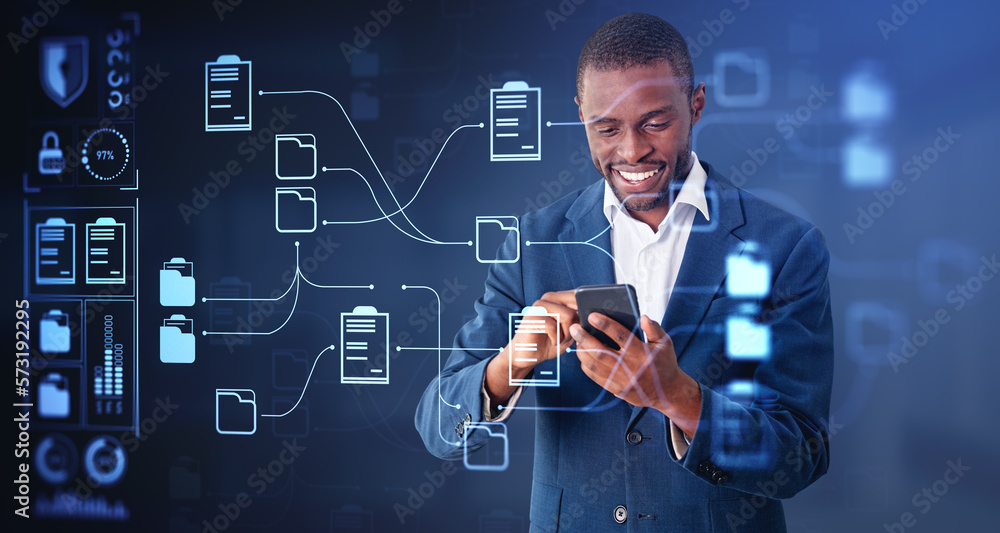 African businessman using phone, document management system holo African businessman using phone, document management system holo
